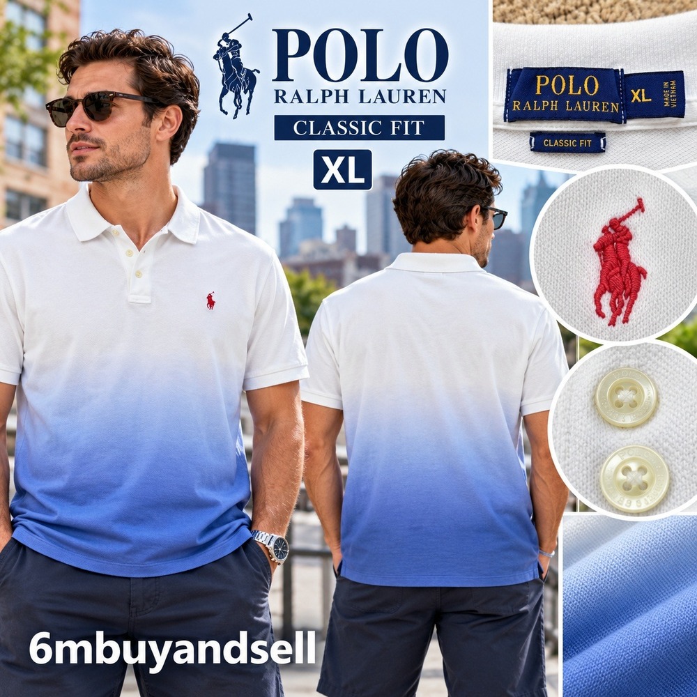 Polo Ralph Lauren Mens XL Classic Fit Ombre Dip Dye Polo Shirt White Blue